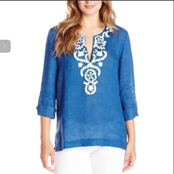 Lilly Pulitzer Ladies Amelia Island Tunic Blue White XS Casual 97700 Linen - Picture 12 of 12